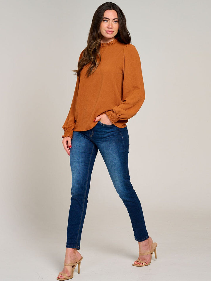 WOMEN'S LONG SLEEVE MOCK NECK RUFFLE BLOUSE
