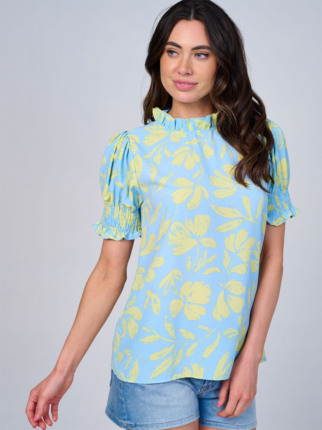 WOMEN'S SHORT SLEEVES MOCK NECK LEAF PRINT BLOUSE