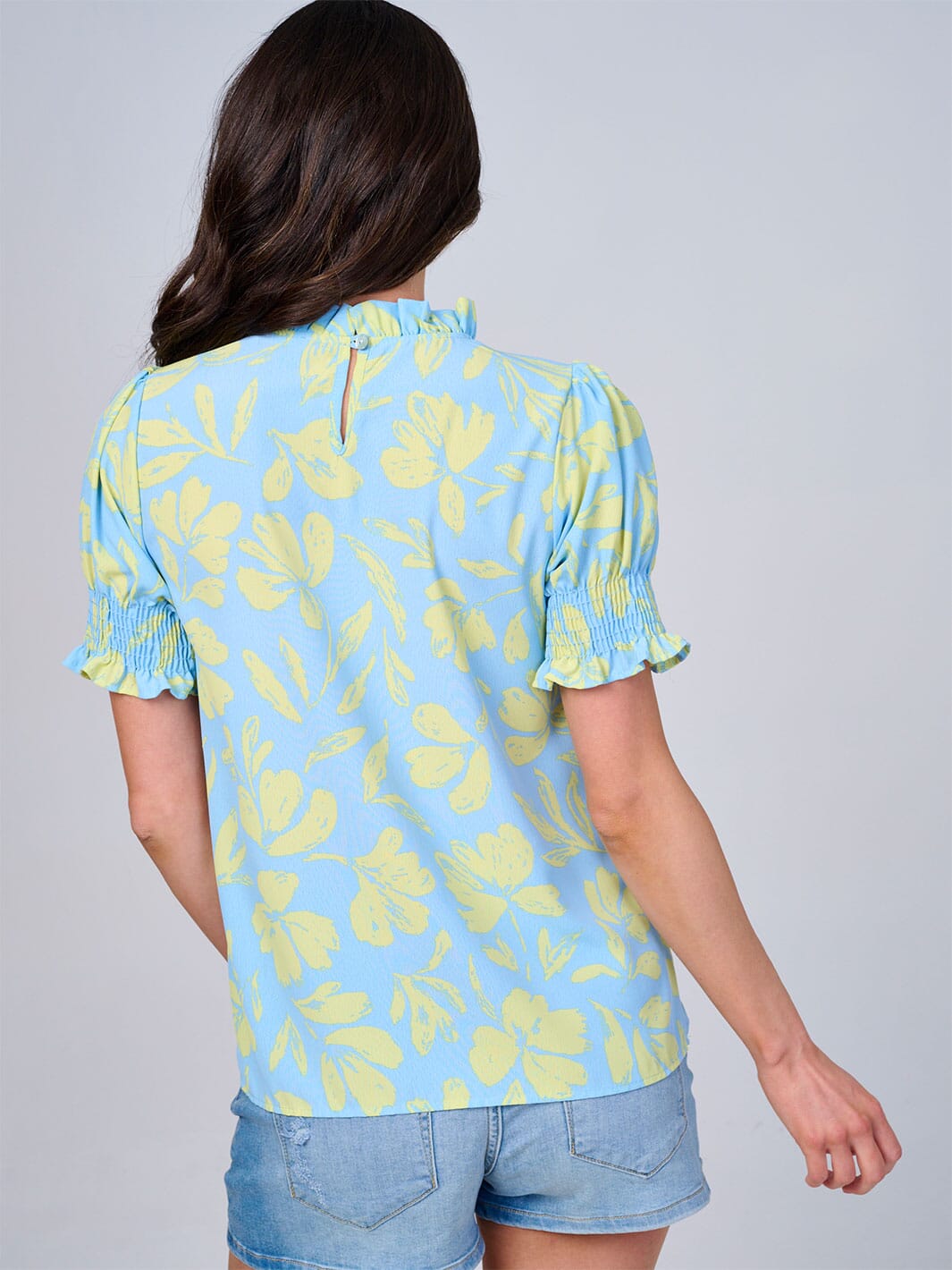 WOMEN'S SHORT SLEEVES MOCK NECK LEAF PRINT BLOUSE