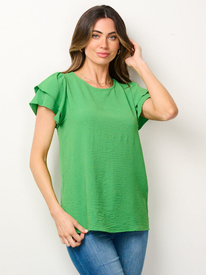 WOMEN'S SHORT RUFFLE SLEEVE SOLID BLOUSE TOP