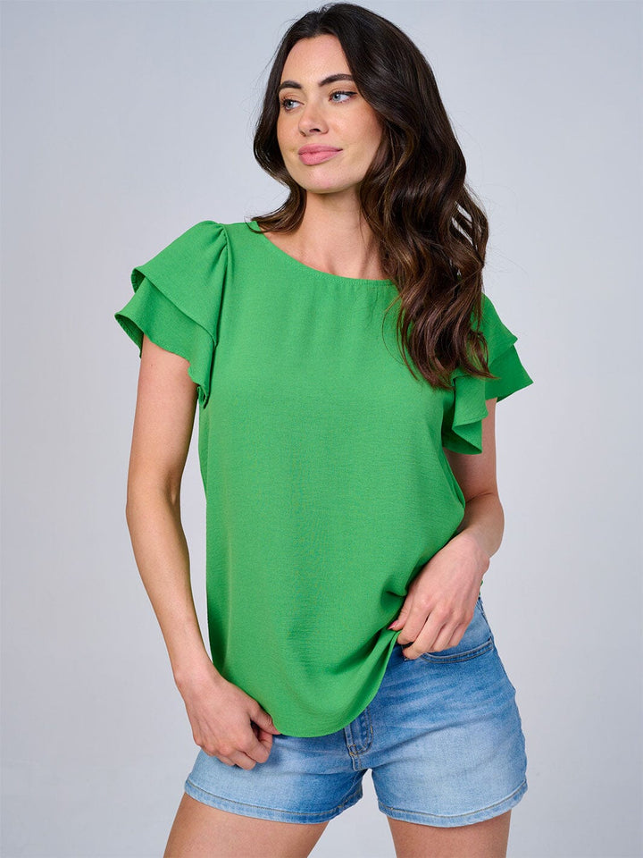 WOMEN'S SHORT RUFFLE SLEEVES SOLID BLOUSE