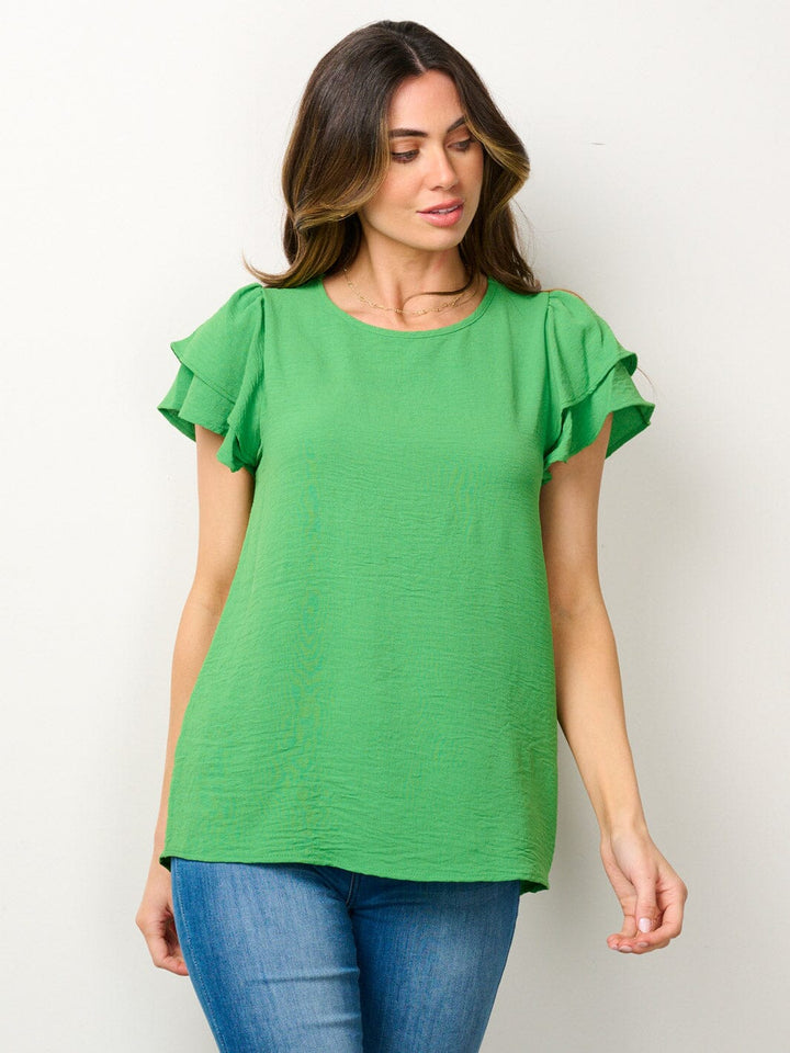 WOMEN'S SHORT RUFFLE SLEEVE SOLID BLOUSE TOP