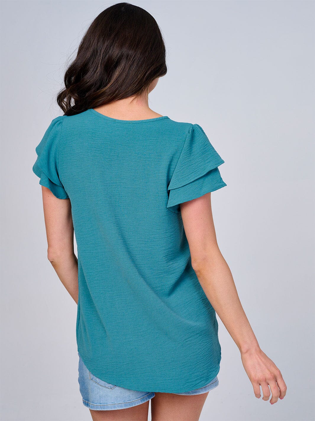 WOMEN'S SHORT RUFFLE SLEEVES SOLID BLOUSE