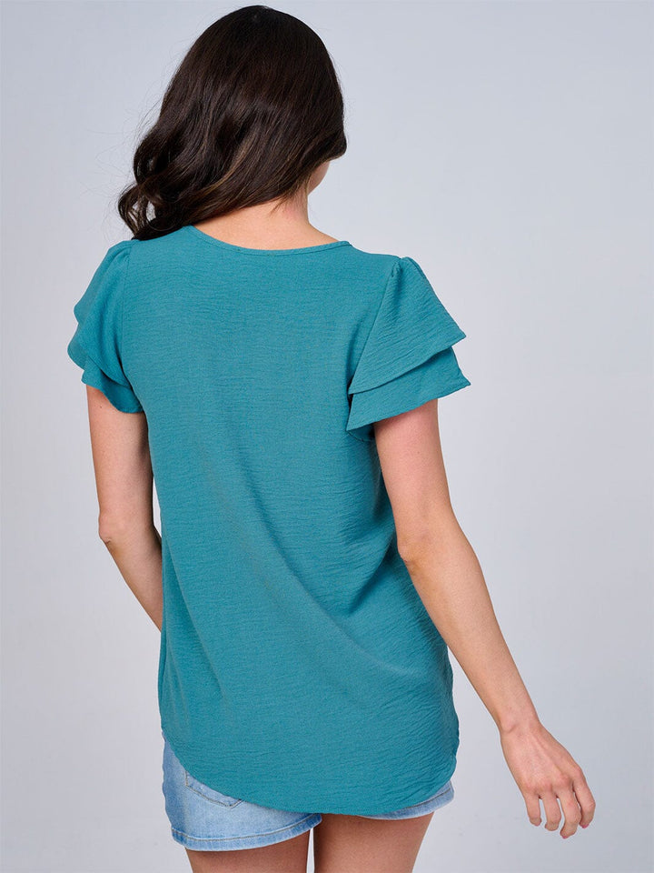 WOMEN'S SHORT RUFFLE SLEEVES SOLID BLOUSE