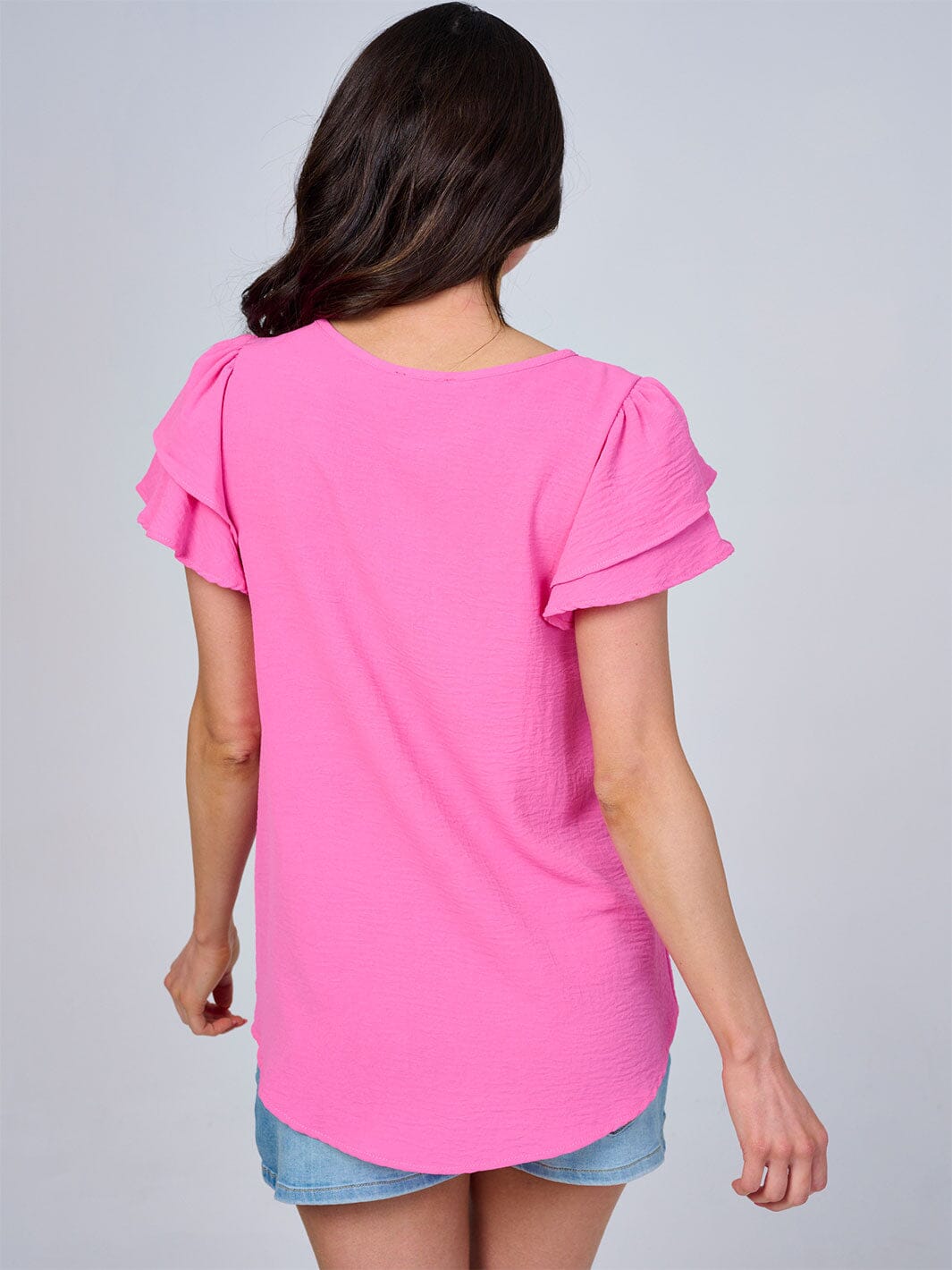 WOMEN'S SHORT RUFFLE SLEEVES SOLID BLOUSE