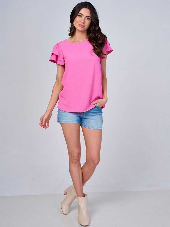 WOMEN'S SHORT RUFFLE SLEEVES SOLID BLOUSE