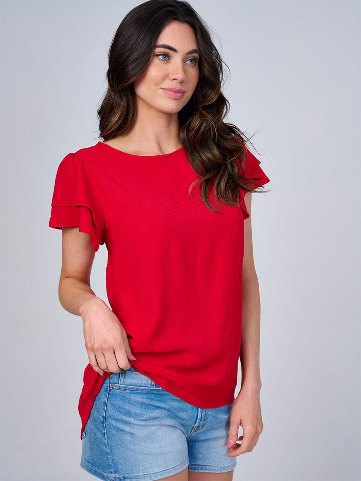 WOMEN'S SHORT RUFFLE SLEEVES SOLID BLOUSE