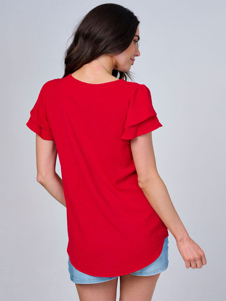 WOMEN'S SHORT RUFFLE SLEEVES SOLID BLOUSE