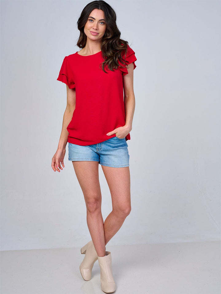 WOMEN'S SHORT RUFFLE SLEEVES SOLID BLOUSE