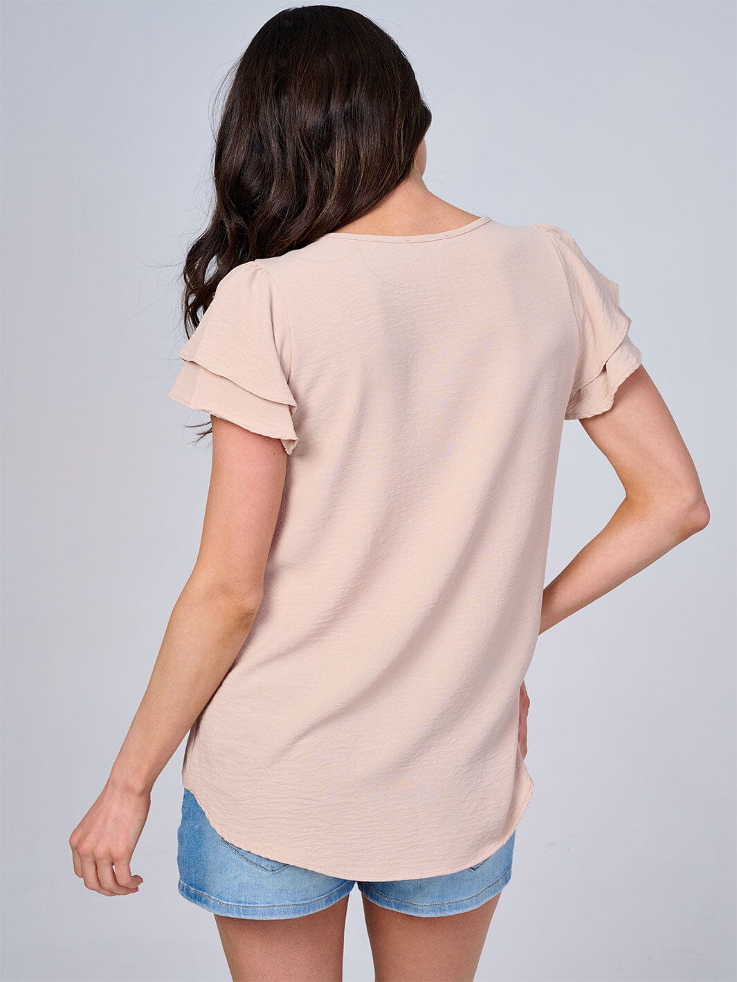 WOMEN'S SHORT RUFFLE SLEEVES SOLID BLOUSE