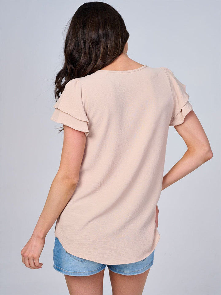 WOMEN'S SHORT RUFFLE SLEEVES SOLID BLOUSE
