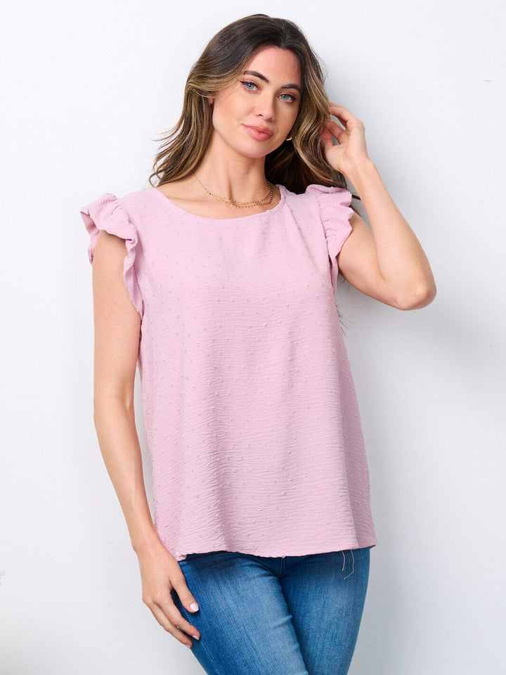 WOMEN'S SLEEVELESS RUFFLE SWISS DOTS BLOUSE TOP