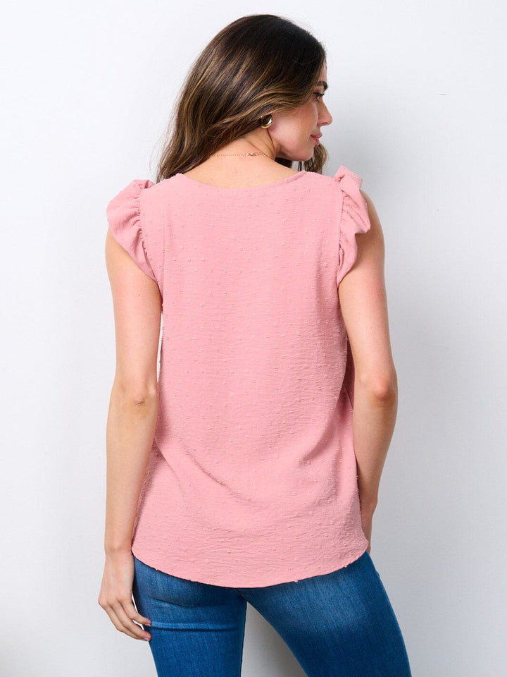 WOMEN'S SLEEVELESS RUFFLE SWISS DOTS BLOUSE TOP