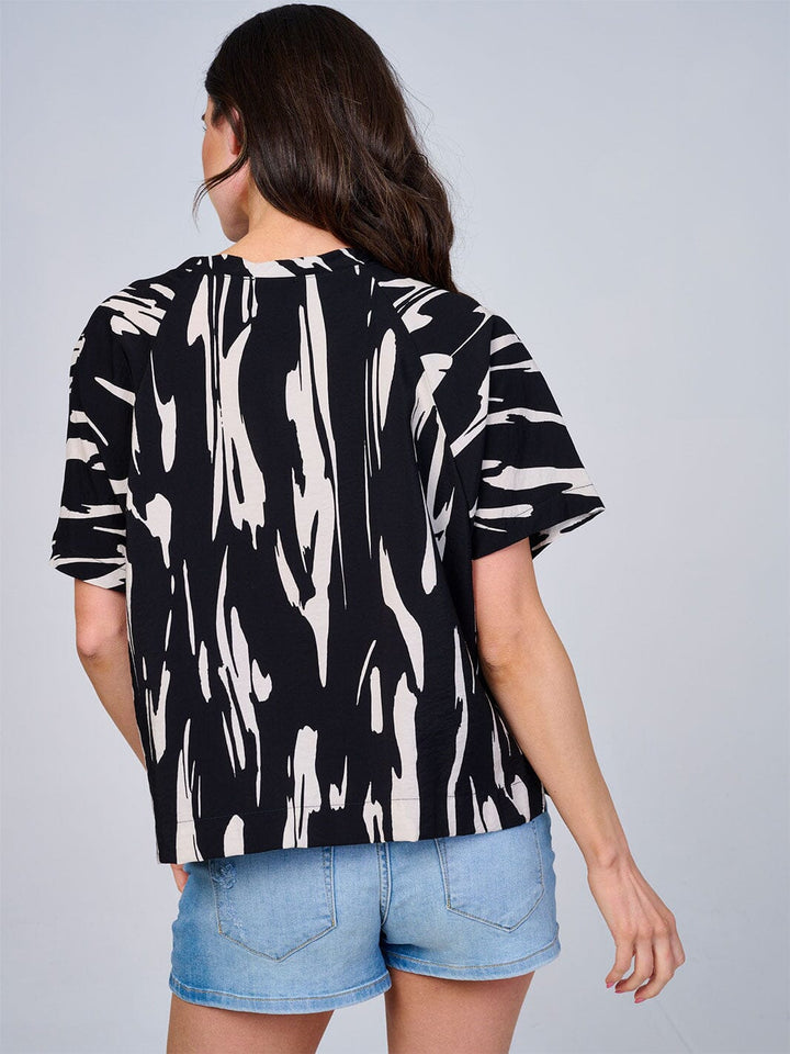 WOMEN'S SHORT SLEEVE COLORBLOCK PRINT BLOUSE