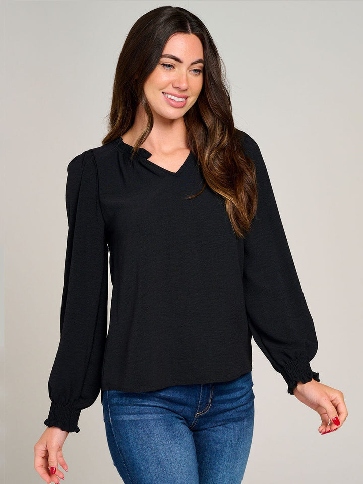 WOMEN'S LONG SLEEVE V-NECK RUFFLE HIGH-LOW BLOUSE