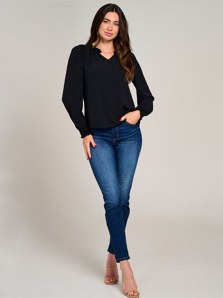 WOMEN'S LONG SLEEVE V-NECK RUFFLE HIGH-LOW BLOUSE