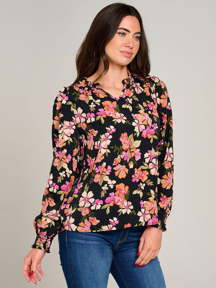WOMEN'S LONG SLEEVE V-NECK RUFFLE HIGH-LOW FLORAL BLOUSE