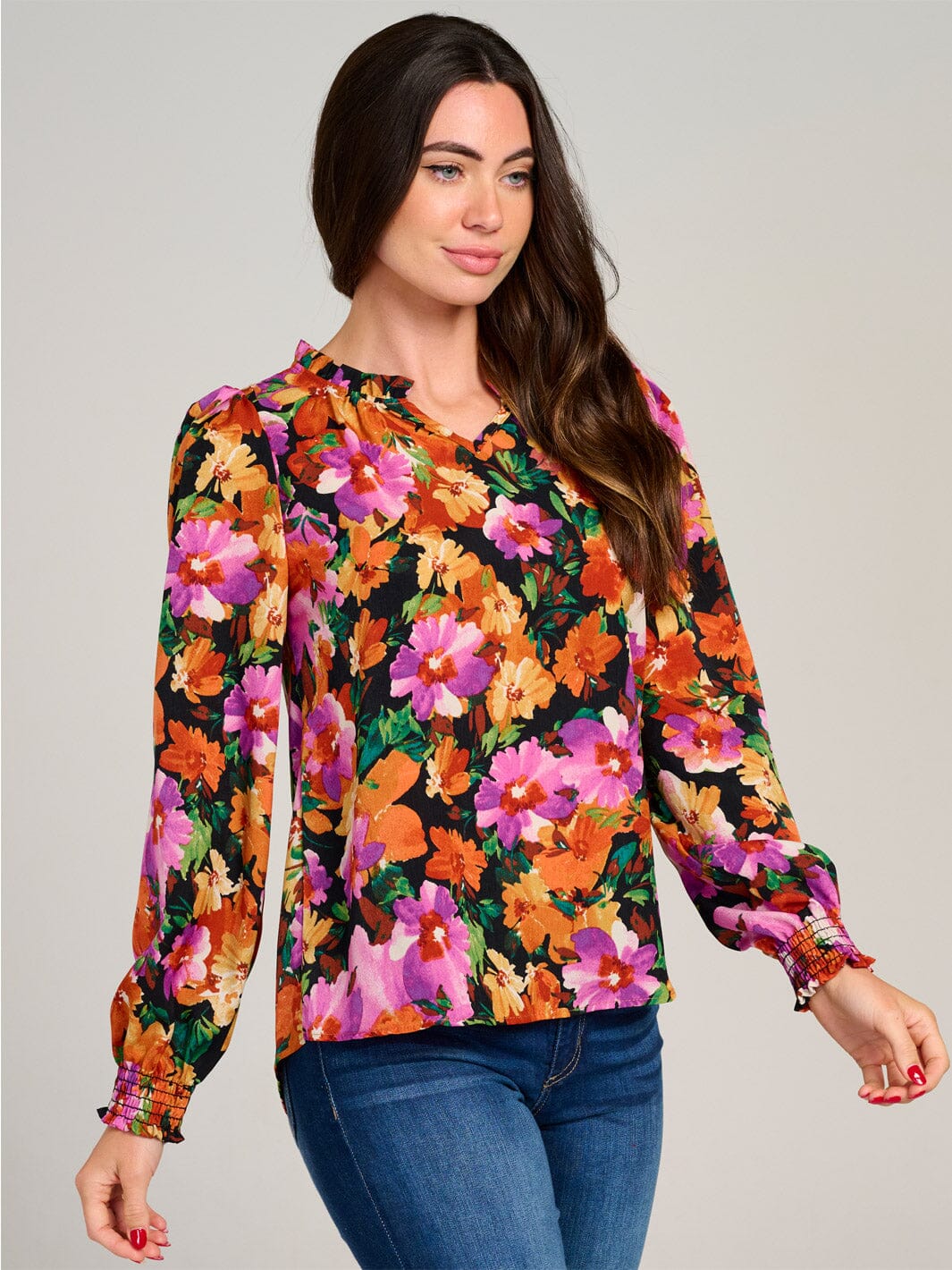 WOMEN'S LONG SLEEVE V-NECK RUFFLE FLORAL BLOUSE
