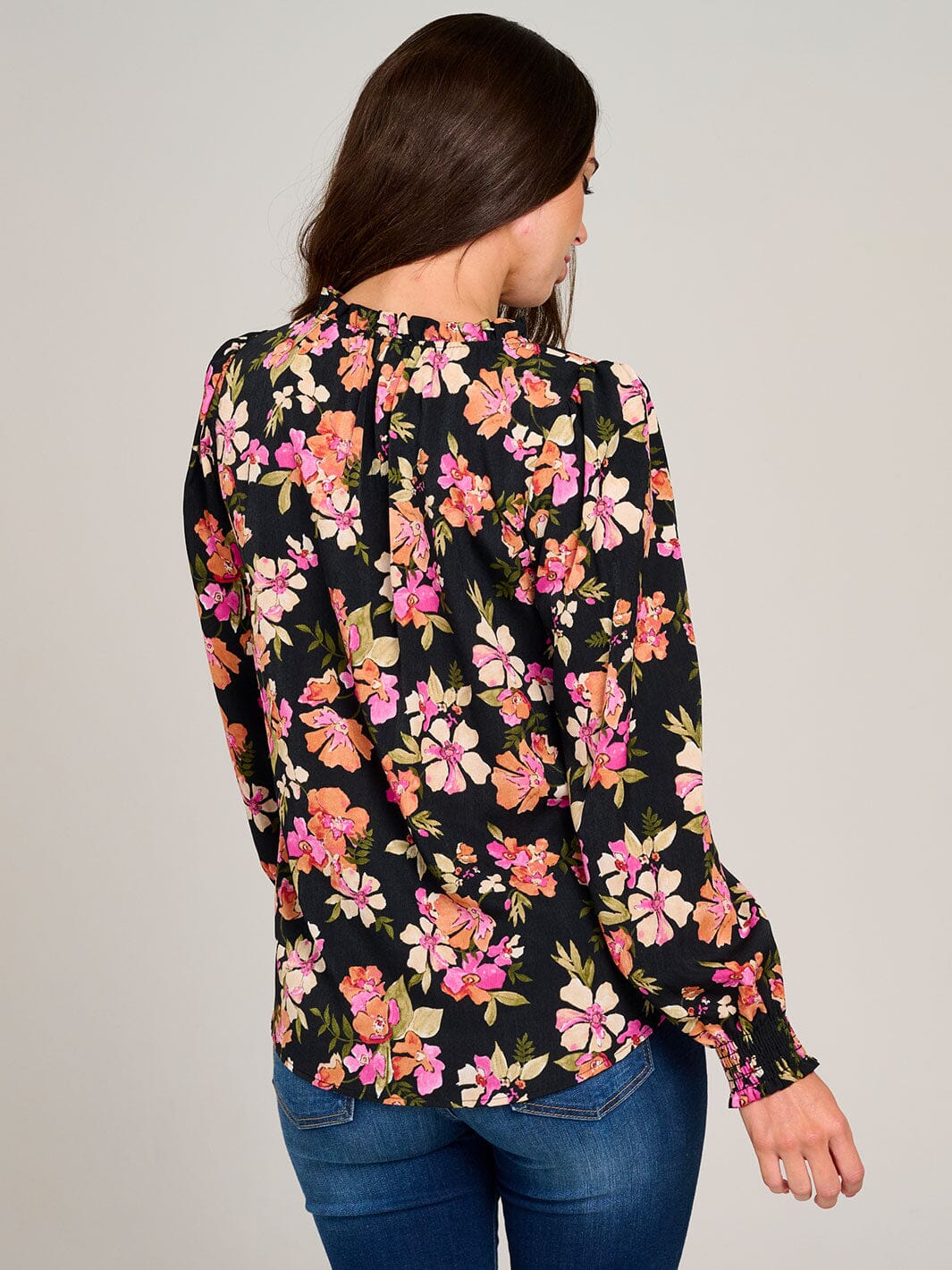 WOMEN'S LONG SLEEVE V-NECK RUFFLE HIGH-LOW FLORAL BLOUSE