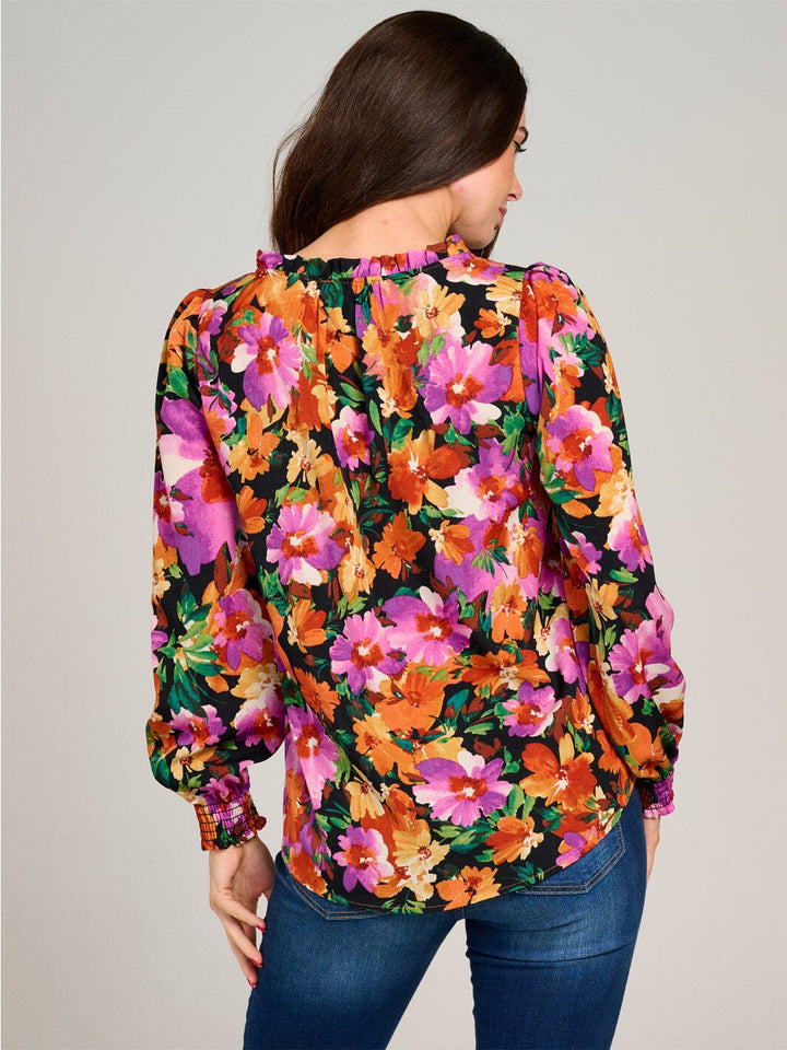 WOMEN'S LONG SLEEVE V-NECK RUFFLE FLORAL BLOUSE