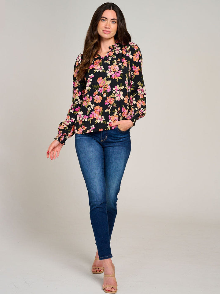 WOMEN'S LONG SLEEVE V-NECK RUFFLE HIGH-LOW FLORAL BLOUSE