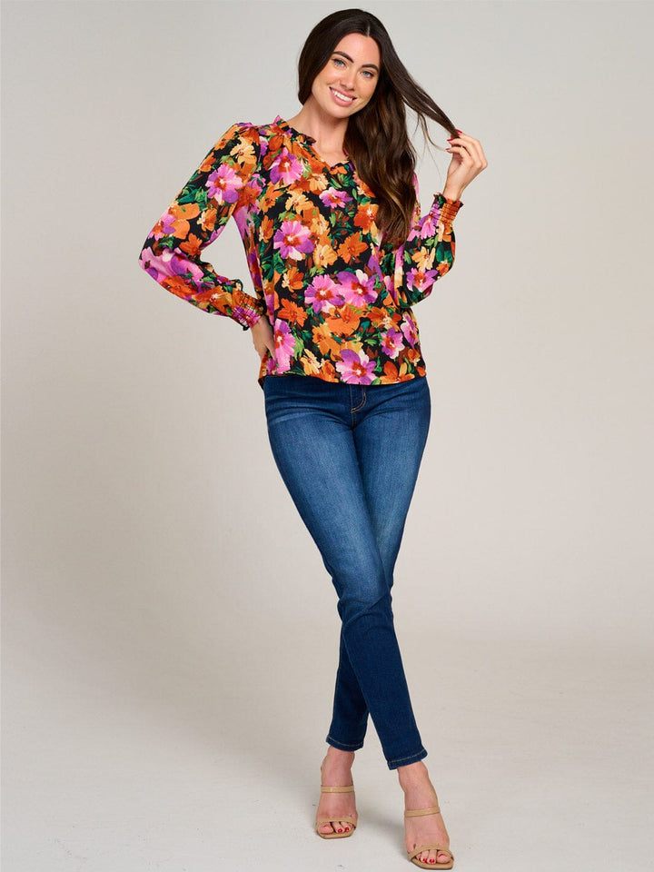WOMEN'S LONG SLEEVE V-NECK RUFFLE FLORAL BLOUSE