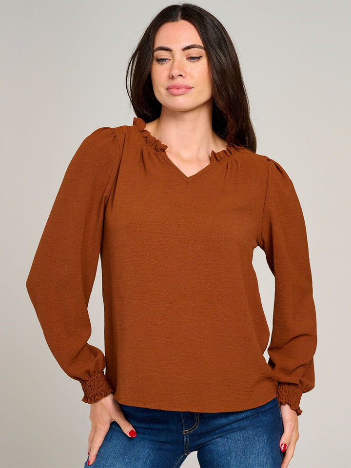 WOMEN'S LONG SLEEVE V-NECK RUFFLE HIGH-LOW BLOUSE
