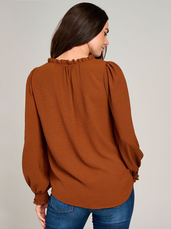 WOMEN'S LONG SLEEVE V-NECK RUFFLE HIGH-LOW BLOUSE