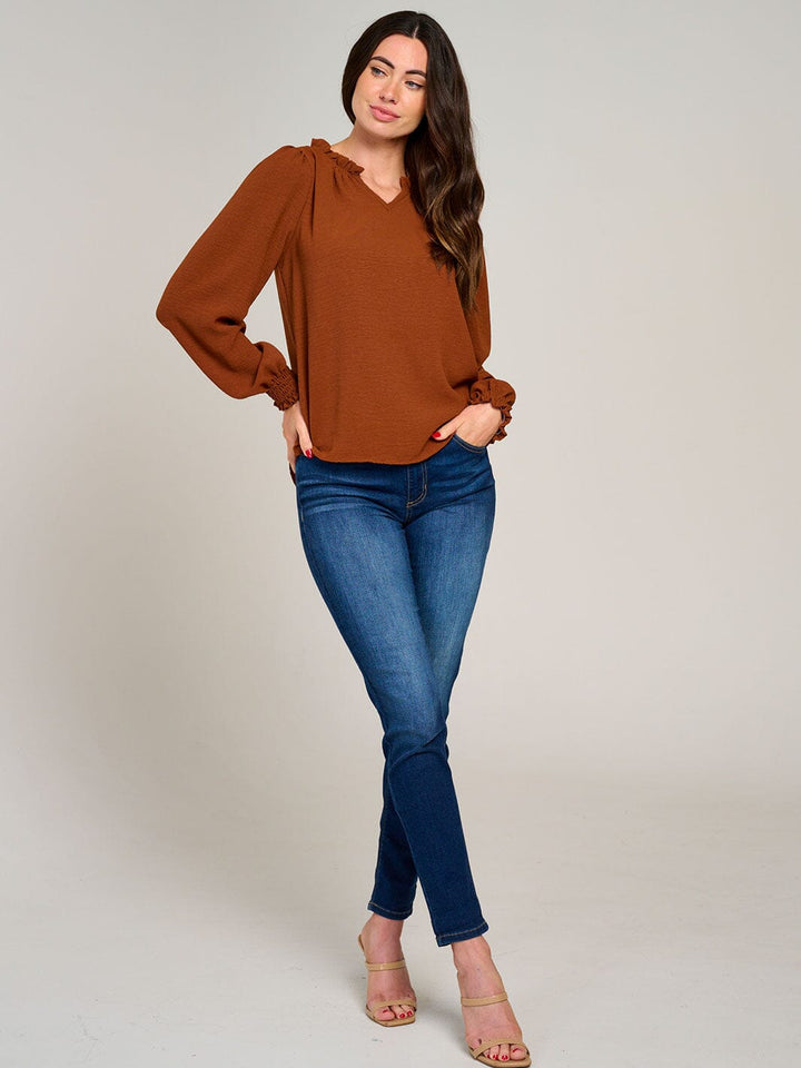 WOMEN'S LONG SLEEVE V-NECK RUFFLE HIGH-LOW BLOUSE