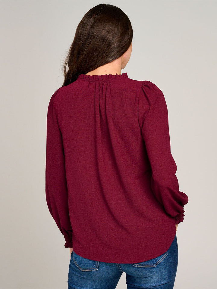 WOMEN'S LONG SLEEVE V-NECK RUFFLE HIGH-LOW BLOUSE