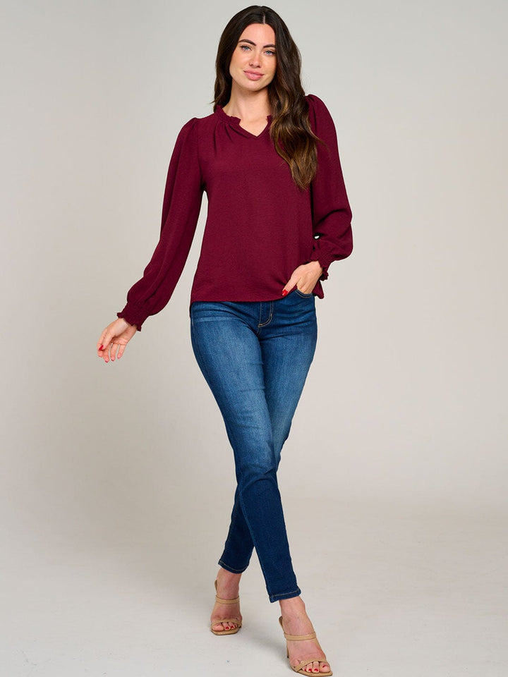 WOMEN'S LONG SLEEVE V-NECK RUFFLE HIGH-LOW BLOUSE