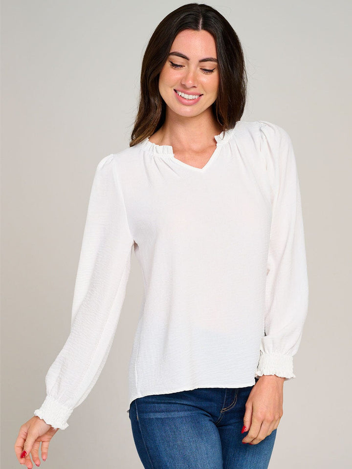 WOMEN'S LONG SLEEVE V-NECK RUFFLE HIGH-LOW BLOUSE