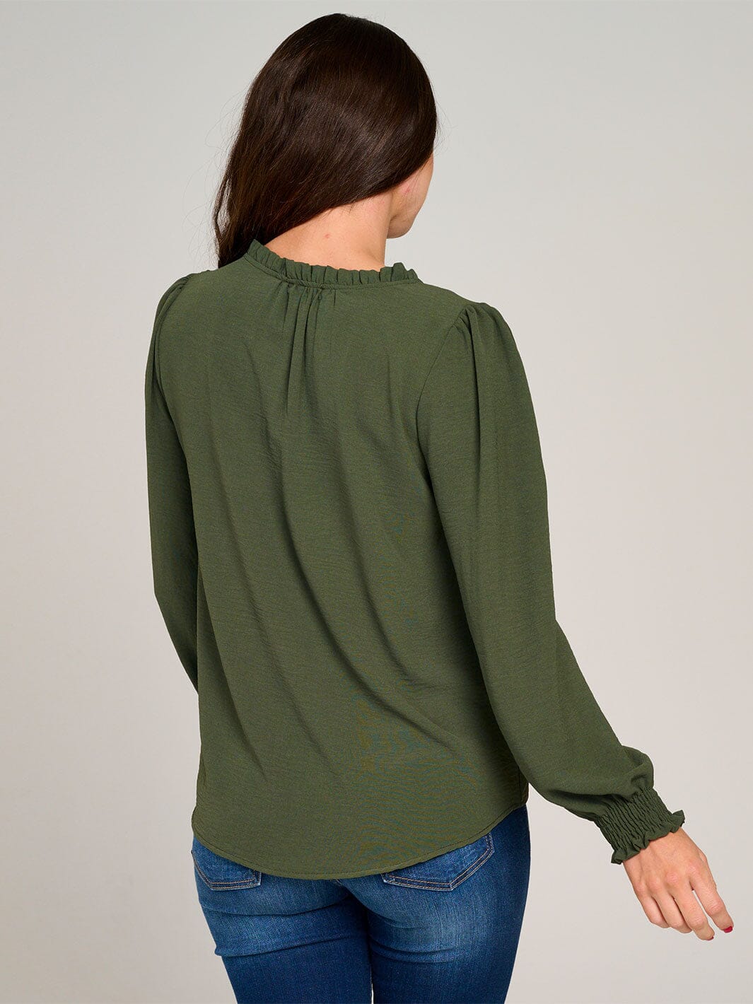 WOMEN'S LONG SLEEVE V-NECK RUFFLE HIGH-LOW BLOUSE