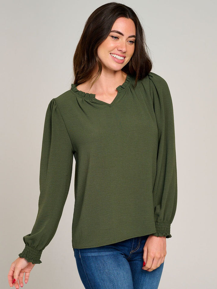 WOMEN'S LONG SLEEVE V-NECK RUFFLE HIGH-LOW BLOUSE