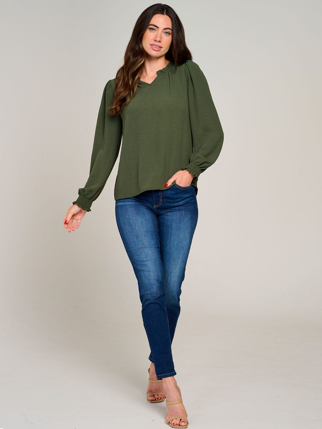 WOMEN'S LONG SLEEVE V-NECK RUFFLE HIGH-LOW BLOUSE