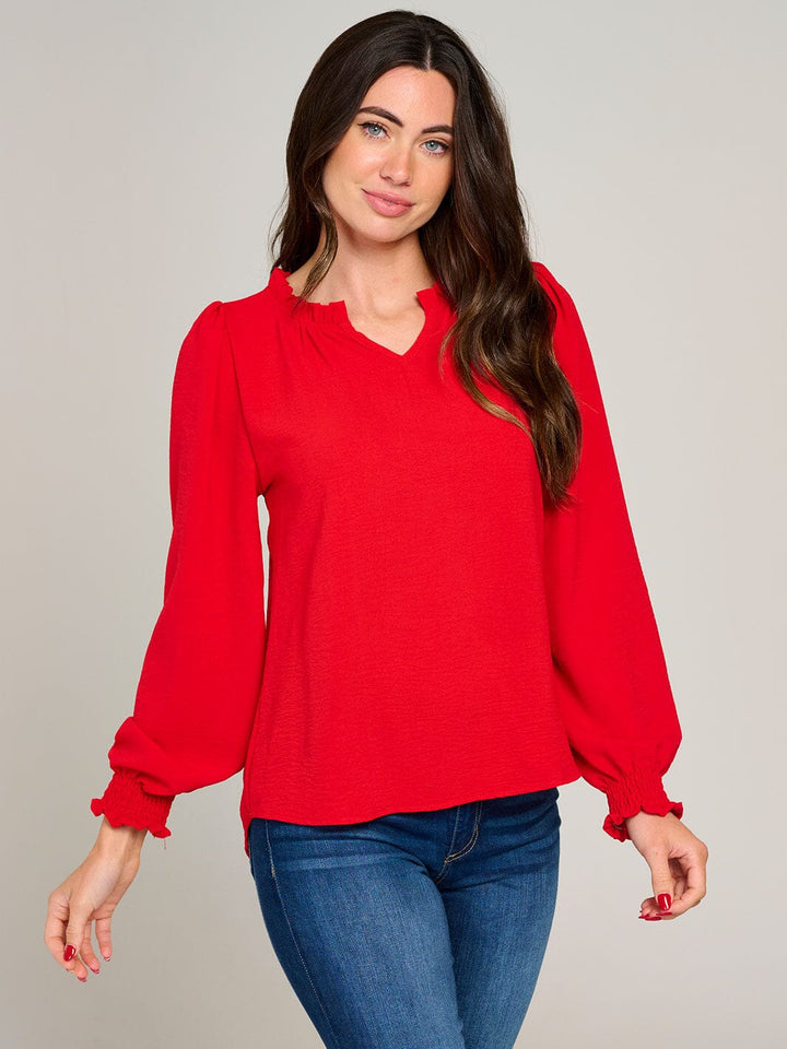 WOMEN'S LONG SLEEVE V-NECK RUFFLE HIGH-LOW BLOUSE