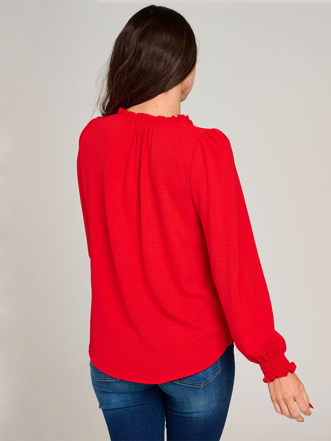 WOMEN'S LONG SLEEVE V-NECK RUFFLE HIGH-LOW BLOUSE