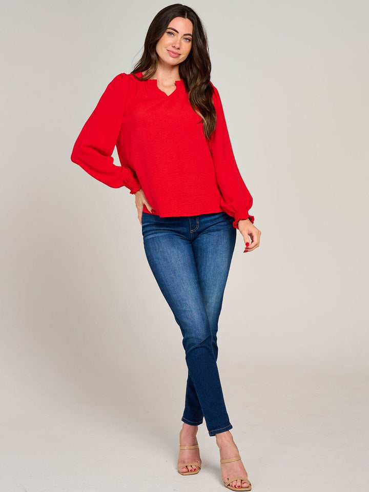 WOMEN'S LONG SLEEVE V-NECK RUFFLE HIGH-LOW BLOUSE
