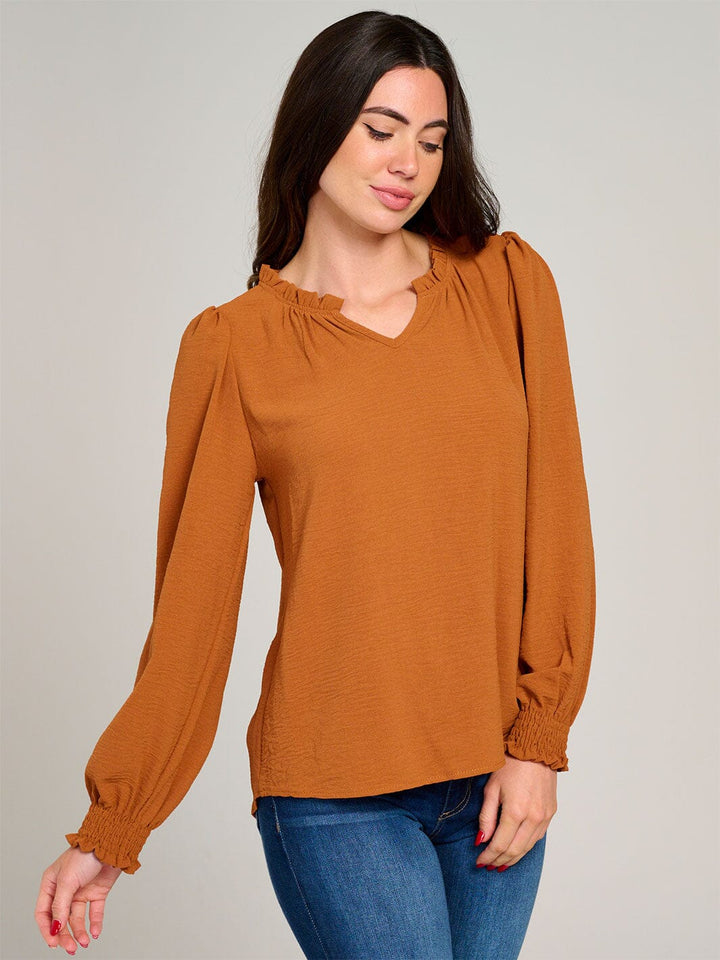 WOMEN'S LONG SLEEVE V-NECK RUFFLE HIGH-LOW BLOUSE