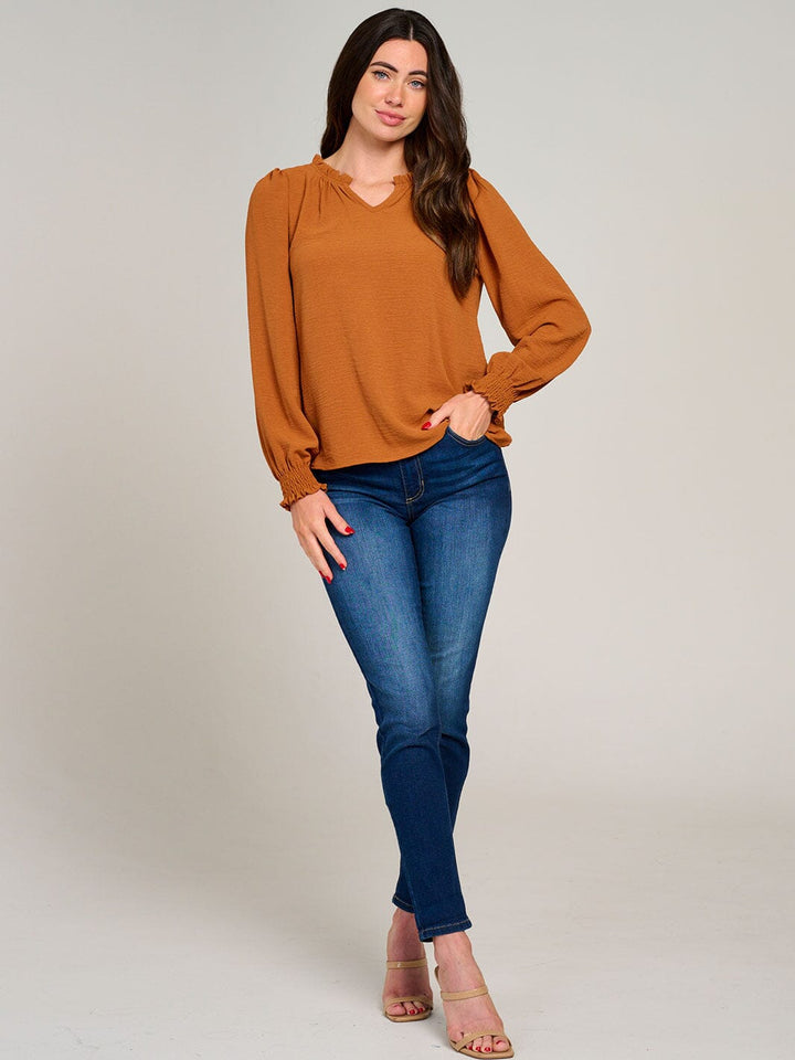 WOMEN'S LONG SLEEVE V-NECK RUFFLE HIGH-LOW BLOUSE