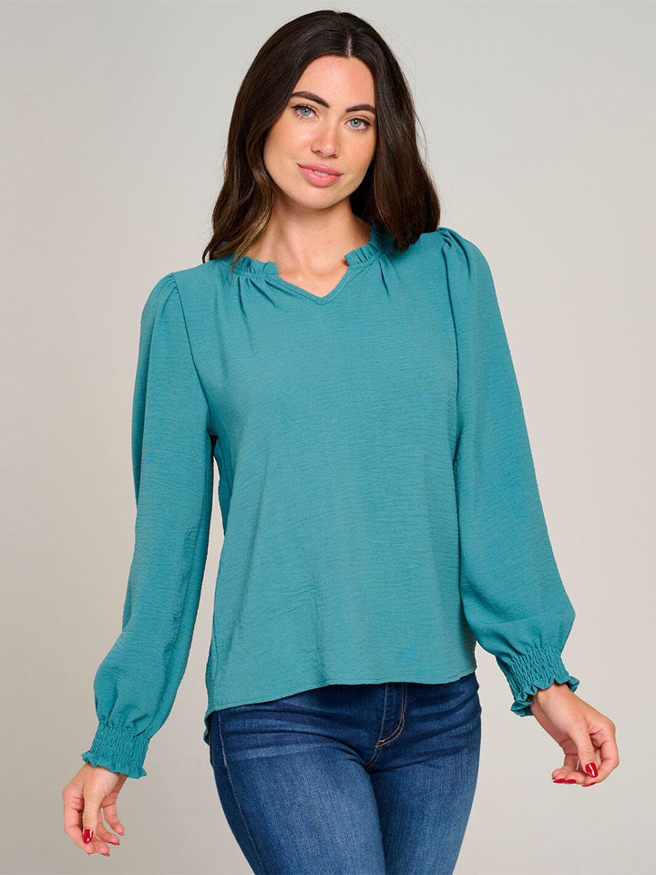 WOMEN'S LONG SLEEVE V-NECK RUFFLE HIGH-LOW BLOUSE