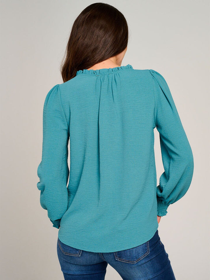 WOMEN'S LONG SLEEVE V-NECK RUFFLE HIGH-LOW BLOUSE