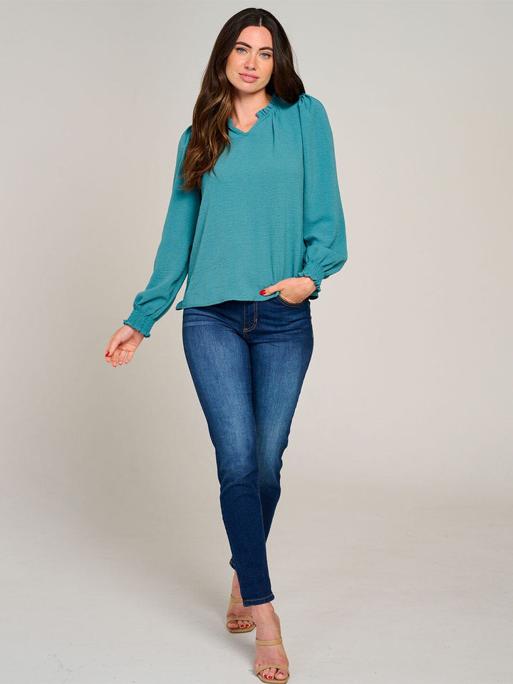 WOMEN'S LONG SLEEVE V-NECK RUFFLE HIGH-LOW BLOUSE