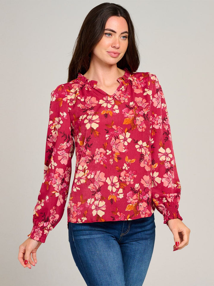 WOMEN'S LONG SLEEVE V-NECK RUFFLE HIGH-LOW FLORAL BLOUSE