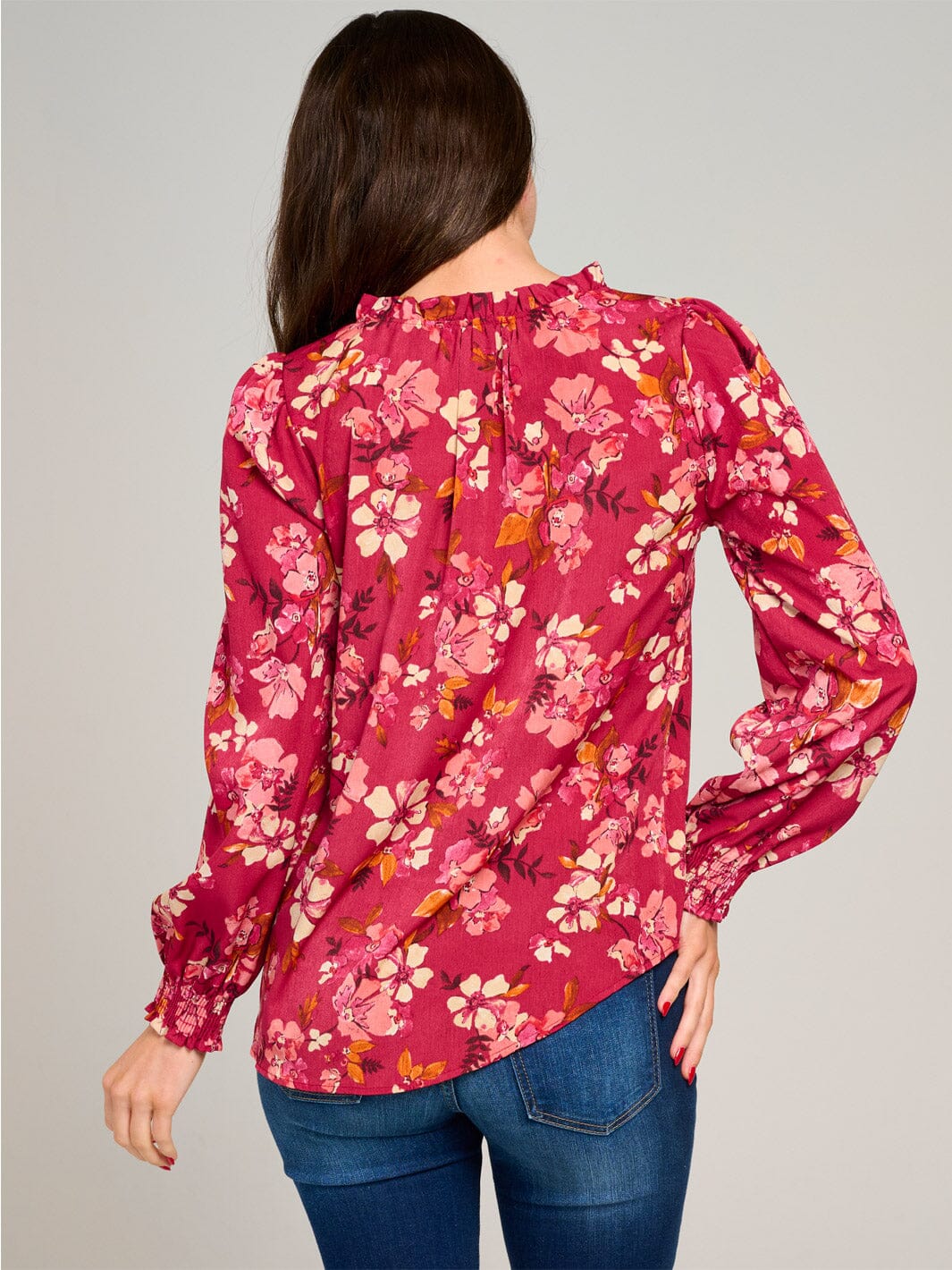 WOMEN'S LONG SLEEVE V-NECK RUFFLE HIGH-LOW FLORAL BLOUSE