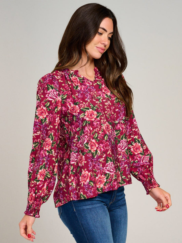 WOMEN'S LONG SLEEVE V-NECK RUFFLE FLORAL BLOUSE