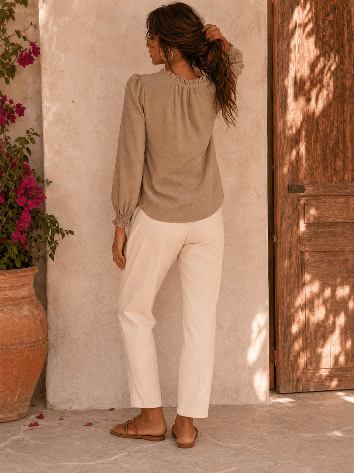 WOMEN'S LONG SLEEVE RUFFLE V-NECK BLOUSE