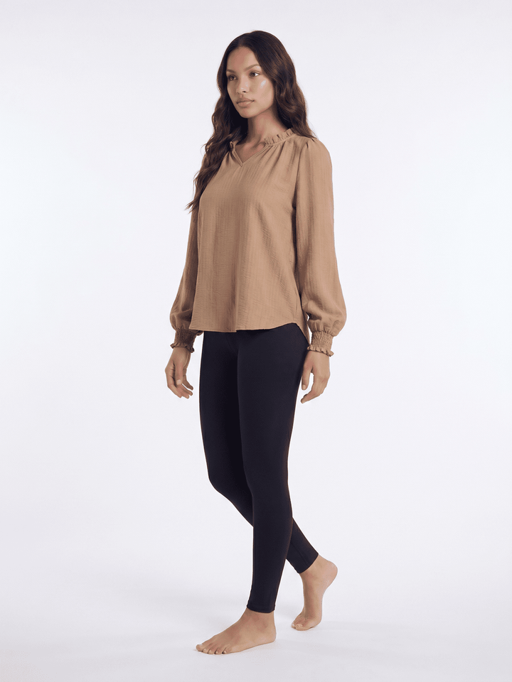 WOMEN'S LONG SLEEVE RUFFLE V-NECK BLOUSE