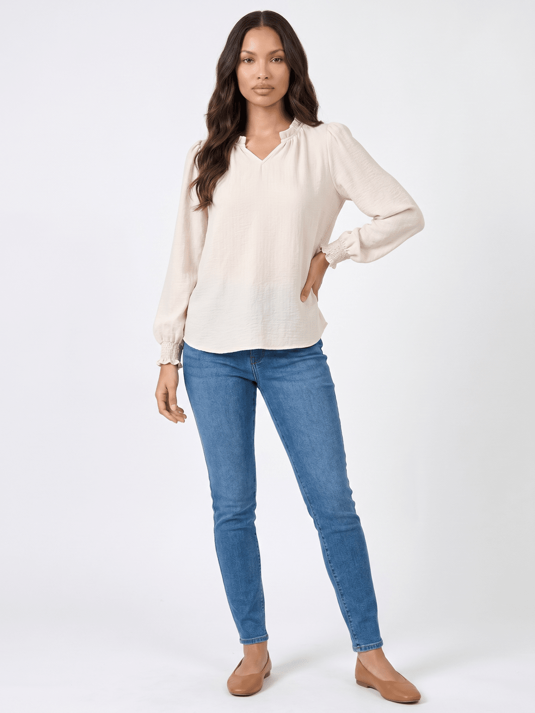 WOMEN'S LONG SLEEVE RUFFLE V-NECK BLOUSE