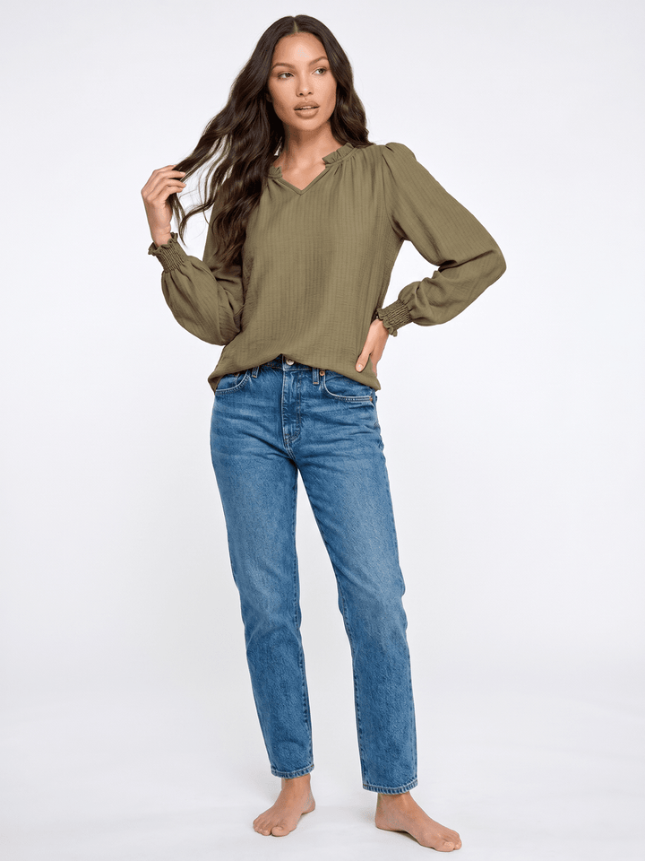 WOMEN'S LONG SLEEVE RUFFLE V-NECK BLOUSE